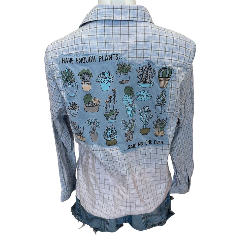 Plant Lover Plaid Flannel Shirt LARGE Oversize Blue Gardener Gift Upcycle Unique